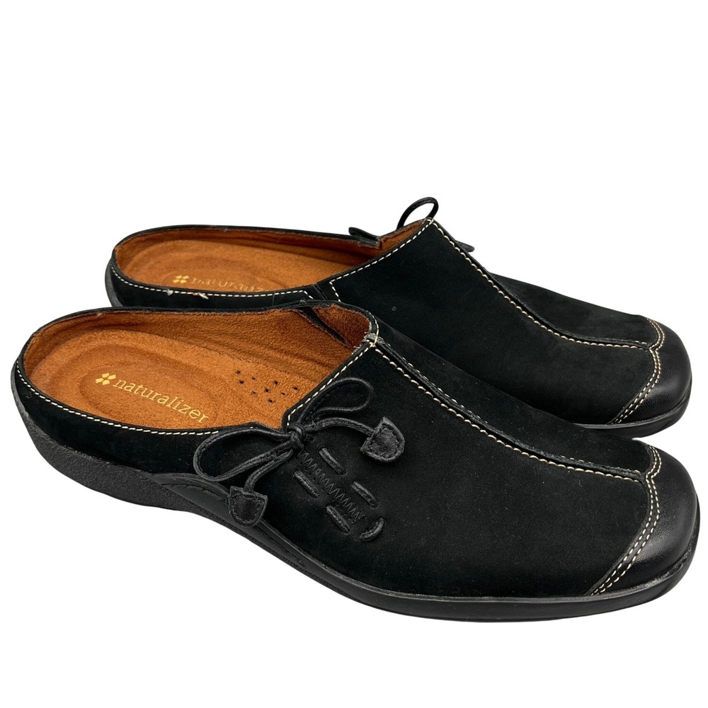 Naturalizer Suede Leather Mules Clogs Slip On Comfort‎ Black White Stitching 7M